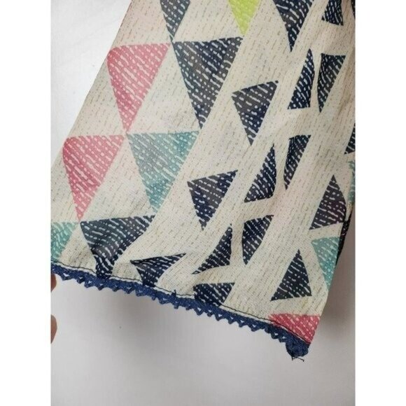 Umgee Womens Blouse Top Large Blue Abstract Chiffon Flare Sleeve Sheer BOHO - Picture 3 of 6